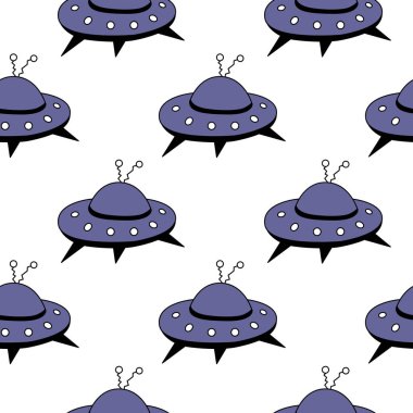 Uçan dairelerde kusursuz desen, UFO. Kumaş, ambalaj, duvar kağıdı, tekstil, giysi, örtü için vektör arkaplan ve doku.