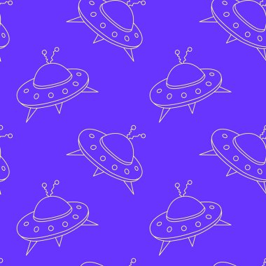 Uçan daireler ve UFO 'larla kusursuz çocuksu bir model. Kumaş, ambalaj, duvar kağıdı, tekstil, giysi, örtü için vektör arkaplan ve doku.