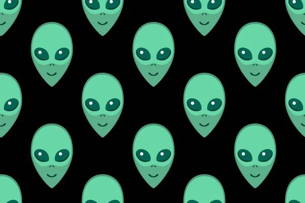 Seamless Pattern Aliens Green Heads Ufo Humanoids Endless Backdrop Isolated — Stock Vector