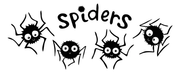 Set Niedlicher Vektorspinnen Mit Schriftzug Handgezeichnete Lustige Insekten Doodle Flach — Stockvektor