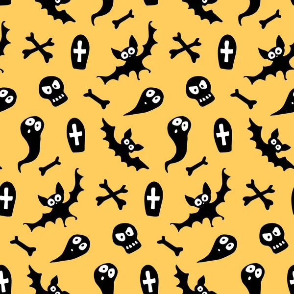 Patrón Sin Costuras Halloween Feliz Con Conjunto Personajes Murciélagos Fantasmas — Vector de stock
