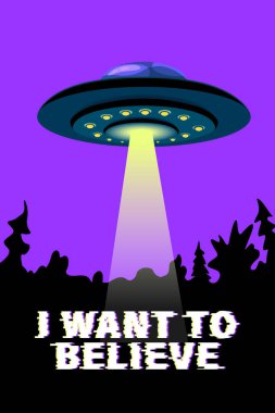 Uçan daire UFO ve harfleri olan bir poster. Vektör illüstrasyonu, tasarım unsuru, uzay teması üzerine duvar kağıdı, komplo teorisi, bilim kurgu, fantastik.