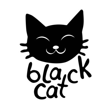 Muzzle of cute black cat-vector lettering and illustration in flat style, isolated. Funny icon, clipart, design element, decoration for Halloween, greeting card, template of sticker or badge.