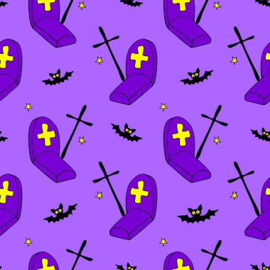 Mutlu Cadılar Bayramı. Graves, Tombstone, haçlar ve yarasaların kusursuz desenleri. Gece mezarlıkta, izole bir şekilde. Vektör tatil geçmişi ve dokuları.