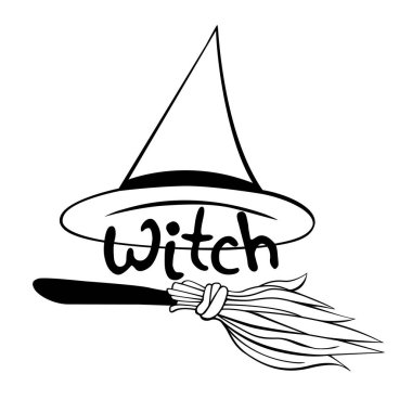 Witch symbols - hat, broom and lettering. Vector icon. Happy Halloween. Illustration with black silhouette for party invitation, greeting card, banner, children print.