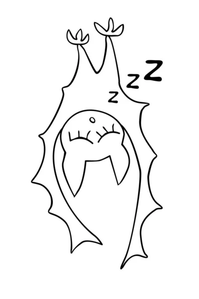 Cute Sleeping Bat Drawn Cartoon Doodle Style Vector Outline Illustration — 스톡 벡터