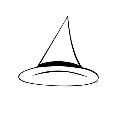 Cadı şapkası - vektör doğrusal çizim karalama stilinde, izole. Simge, klip, tasarım öğesi, Cadılar Bayramı için dekorasyon, çocuk boyama sayfası.