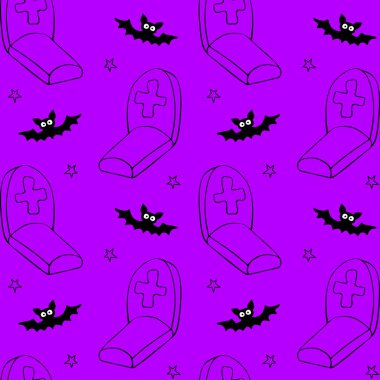 Mutlu Cadılar Bayramı. Graves, Tombstone, haçlar ve yarasaların kusursuz desenleri. Gece mezarlıkta, izole bir şekilde. Vektör tatil geçmişi ve dokuları.