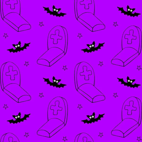 Fijne Halloween Naadloos Patroon Van Doodles Graves Tombstone Kruisen Vleermuis — Stockvector