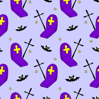 Mutlu Cadılar Bayramı. Graves, Tombstone, haçlar ve yarasaların kusursuz desenleri. Gece mezarlıkta, izole bir şekilde. Vektör tatil geçmişi ve dokuları.