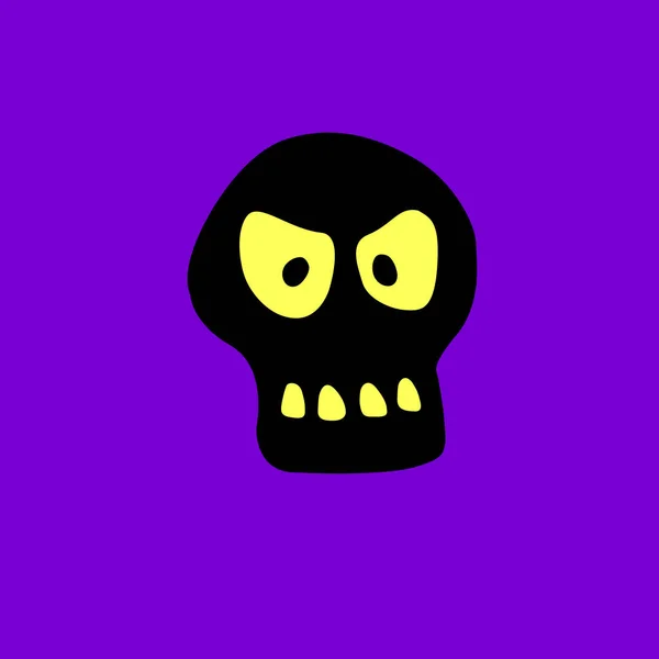 漫画のドードルフラットスタイルで輝く目を持つ頭蓋骨 ベクトル黒のシルエット アイコン 濃い紫色の背景に隔離されたクリッパー ハッピーハロウィーン死のテーマ — ストックベクタ