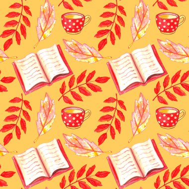 Açık kitap, kırmızı benekli bardak ve sonbahar yapraklı suluboya desenli. Hobiler, eğlence, konforlu, mutlu sonbahar teması üzerine renkli bir geçmiş,