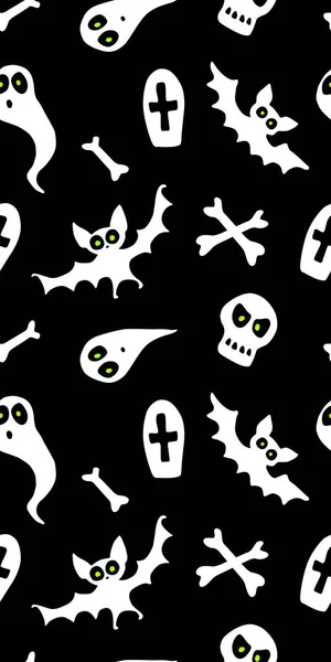 Patrón Sin Costuras Halloween Feliz Con Conjunto Personajes Murciélagos Fantasmas — Vector de stock