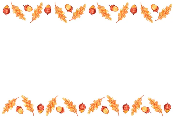 Herbst Hintergrund Mit Rand Aus Aquarellfarbenen Eichenblättern Und Eicheln Oberen — Stockfoto
