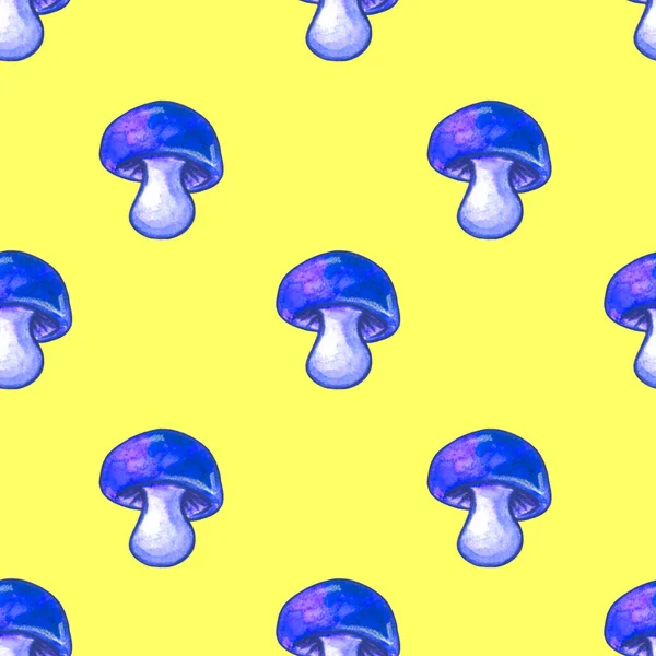 Mushrooms Seamless Pattern Vegetable Background Texture Bright Blue Watercolor Clip — Stock Photo, Image