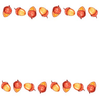 Backgrounds, watercolor frame made of hand drawn oak acorns. Horizontal top and bottom edging, border, decoration for for autumn design, packaging, greeting card. Forest decoration. Happy fall.