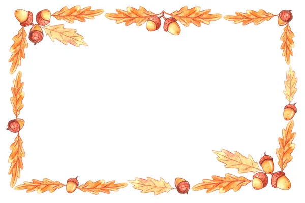 Rechteckige Aquarell Herbstrahmen Aus Handgezeichneten Eichenblättern Und Eicheln Rahmen Hintergrund — Stockfoto