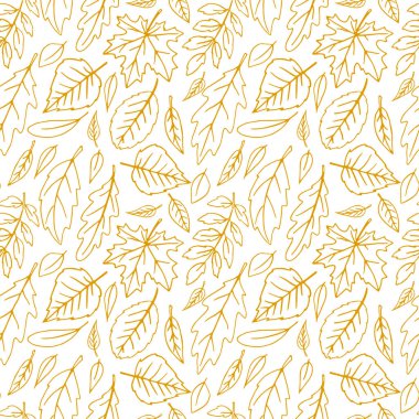 Kusursuz dökülen yapraklar. Beyaz arka planda izole edilmiş vektör sonbahar dokusu, çizim tarzında el çizimi, turuncu ana hatlar. Orman kavramı, yaprak düşüşü, doğa.