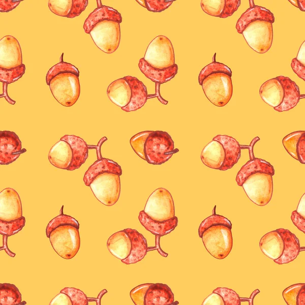 Seamless pattern of watercolor acorn. Natural backgrounds and textures for seasonal design, packaging, home textiles, fabric, thanksgiving theme, forest and happy fall.