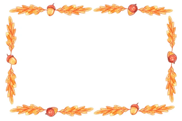 Ορθογώνιο Καρέ Φθινοπωρινό Από Χειροποίητα Φθινοπωρινά Φύλλα Βελανιδιάς Και Βελανίδια — Φωτογραφία Αρχείου