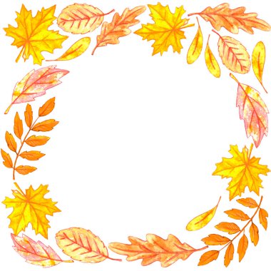 Kare suluboya sonbahar çerçevesi el yapımı sonbahar yaprakları. Mutlu düşüşler Sınır, tebrik kartı, mesaj, şükran günü, çocuk baskısı. Orman dekorasyonu.