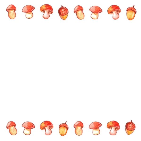 Backgrounds Watercolor Frame Mushrooms Acorns Horizontal Top Bottom Edging Border — Stock Photo, Image