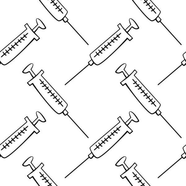 輪郭注射器とベクトルシームレスパターン 手描き黒アウトラインドア孤立 医学的背景と質感 ウイルスやワクチンに対する治療と保護 — ストックベクタ