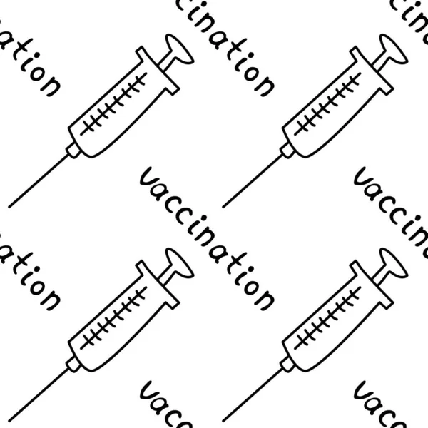 ワクチン接種をテーマにしたベクターシームレスなパターン 手紙でワクチン注射器を汚染してください 手描き黒アウトラインドア孤立 医学的背景とテクスチャ — ストックベクタ