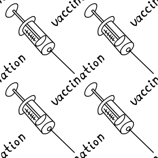 Векторный Бесшовный Рисунок Тему Вакцинации Контурная Вакцина Шприцы Буквами Черный — стоковый вектор