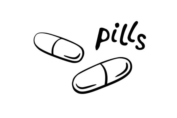 Einfache Kontur Doodle Medikamentenpillen Tablette Kapsel Isoliert Auf Weißem Hintergrund — Stockvektor