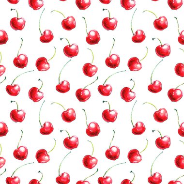 Beyaz arka planda tek kirazlı suluboya desenler var. El çizimi parlak doku, çizim tarzında çilek resimleri.