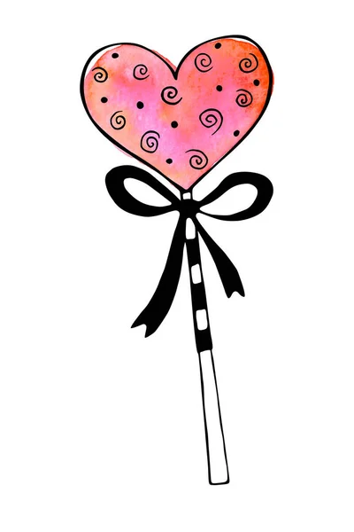 Watercolor Heart Shape Lollipop Gingerbread Stick Bow Hand Drawn Contour — Fotografia de Stock