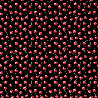 Siyah arkaplanda tek kirazlı suluboya desenler var. El çizimi parlak doku, çizim tarzında çilek resimleri.