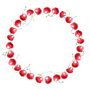 Round frame, border of watercolor single Cherries. Hand drawn bright decoration, images of berry in sketch style.