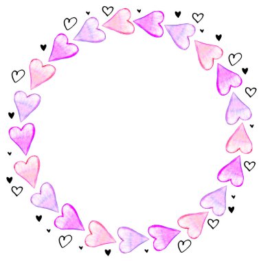 Elle çizilmiş yuvarlak çerçeve, suluboya kalplerin sınırı. Aşkın, geçmişin, davetiyenin, sevgililer gününün, tebrik kartının, düğünün romantik sembolü..