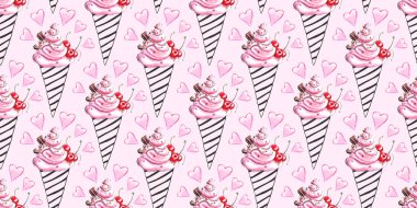 Güzel, pürüzsüz pembe suluboya soyut dondurma kalıbı. Siyah ana hatlı waffle külahı ve kalpler. Çizim tarzında el çizimi parlak doku. Paket kağıdı, yemek tasarımı, sevgililer günü için..