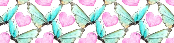 Seamless Pattern Blue Watercolor Abstract Translucent Butterflies Pink Hearts Hand — ストック写真