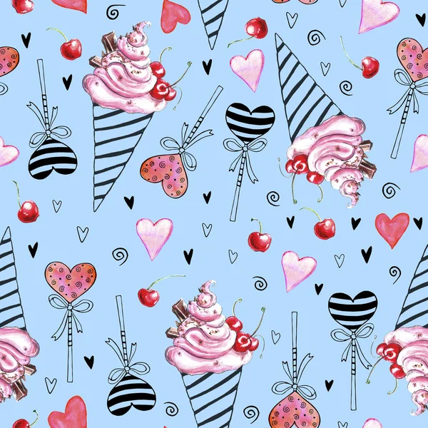 可爱的无缝隙图案的粉红色水彩画抽象冰淇淋 棒棒糖和心脏 手绘素描风格的明亮质感 包装纸 糖果设计 情人节 — 图库照片