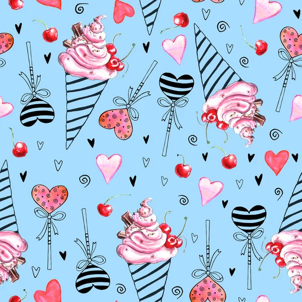 Cute Seamless pattern of pink watercolor abstract ice cream, lollipops and hearts. Hand drawn bright texture in sketch style. For wrapping paper, confectionery design, Valentines day.