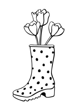 Lastik yağmur çizmeleriyle bahar lale çiçekleri. Sevimli mevsimlik bahar çiçekleri. Vazo olarak ayakkabı. El çizimi tasarım ögesi, karalama tarzında klipsleme sanatı, izole edilmiş..