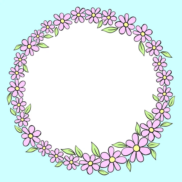 Vektor Handgezeichneter Kreisrahmen Rand Kranz Aus Farbigen Kleinen Blumen Doodle — Stockvektor