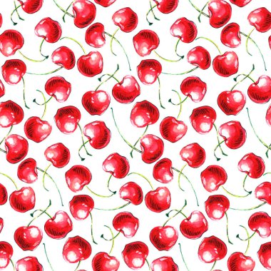 Beyaz arka planda tek kirazlı suluboya desenler var. El çizimi parlak doku, çizim tarzında çilek resimleri.