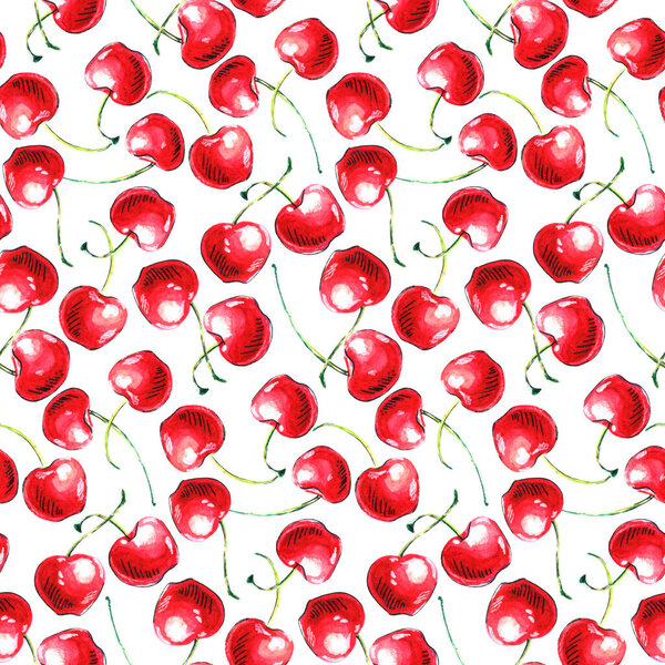 Бесшовный узор акварели одиночные вишни на белом фоне. Яркая текстура ручной работы, изображения ягод в стиле эскиза.