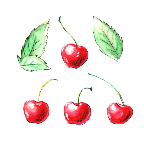 Set Watercolor Single Cherries Leaves White Background Hand Drawn Bright — Stock Photo, Image