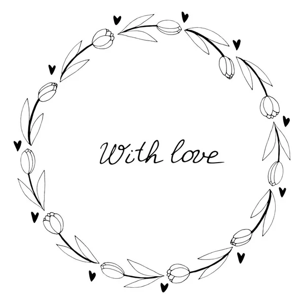 Met Liefde Belettering Vector Rond Frame Krans Van Outline Tulpen — Stockvector