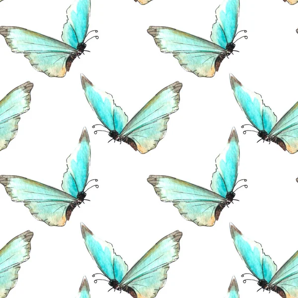 青い水彩抽象半透明の蝶のシームレスなパターン 包装紙 スクラップブッキング 女の子や自然デザインのための繊細な背景と質感を描いた手 — ストック写真