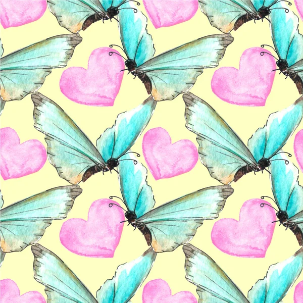 Seamless Pattern Blue Watercolor Abstract Translucent Butterflies Pink Hearts Hand — ストック写真