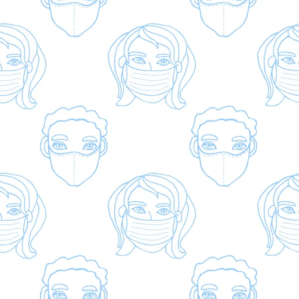 医療保護マスクを身に着けている人々の輪郭とベクトルシームレスなパターン ウイルス対策 コロナウイルス感染症流行病 漫画風のドアに手描きの質感 — ストックベクタ
