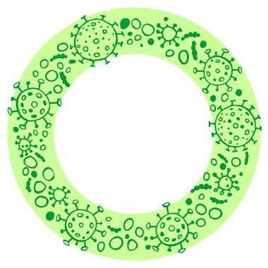 Arkaplan, çerçeve, moleküllerden sınır, virüs hücreleri, bakteriler. Salgın, salgın covid-19. Karantina koronavirüsü konsepti, aşı. Vektör el çizimi karalama izole edildi.