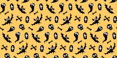 Karakter-yarasalar, hayaletler, kafatasları ve kemiklerle Cadılar Bayramı 'nın kusursuz şablonu kutlu olsun. Tebrik kartı, davetiye, parti posteri, afiş için desenli arkaplan.